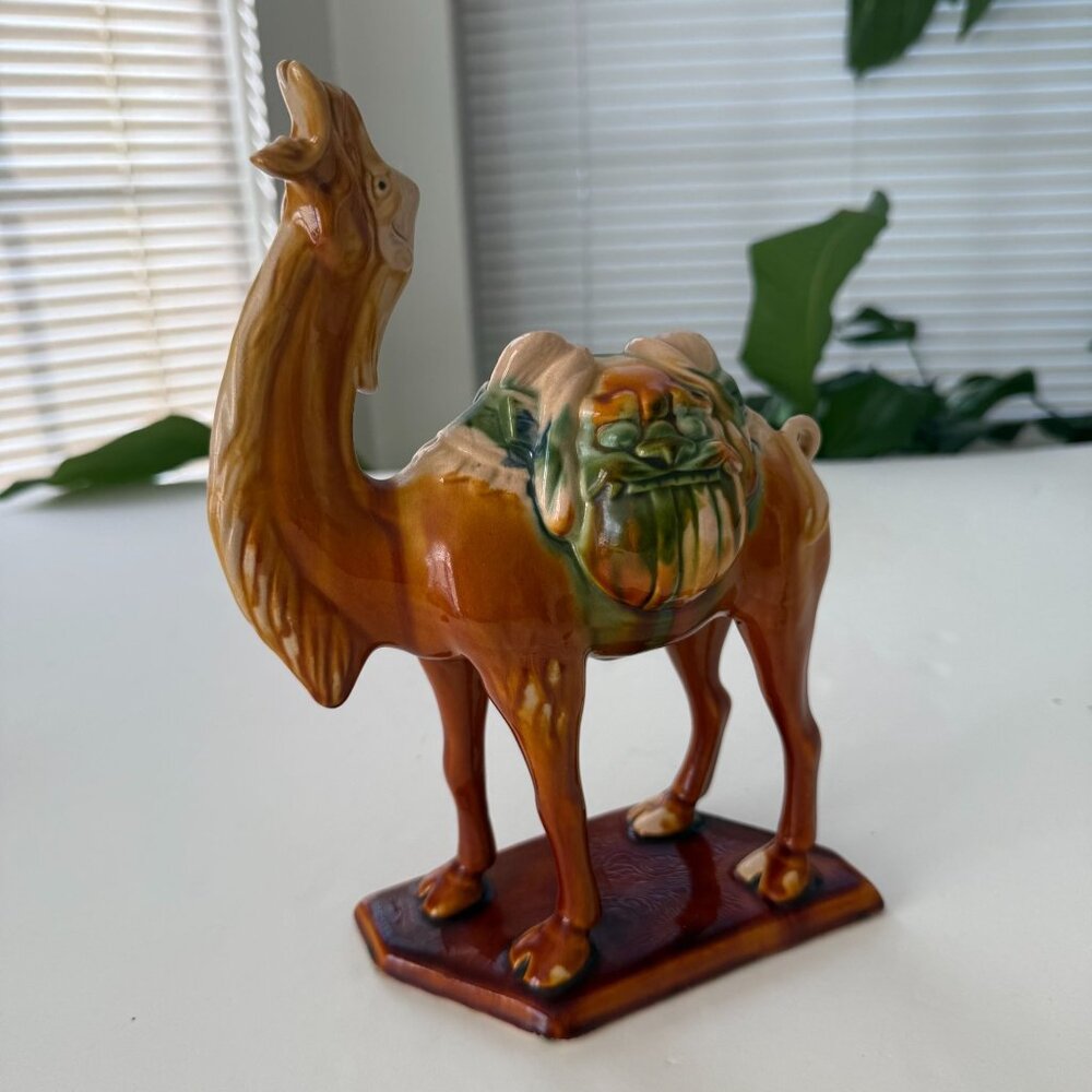 Vintage Ceramic Camel Saddle Figurine Hand-Painted Brown Green Chinese Stamped B